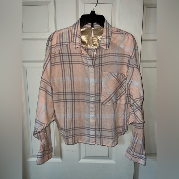 Free People Cutie Plaid Button-down Shirt in Pink Gray, Dolman Sleeves, Large - Picture 4 of 5